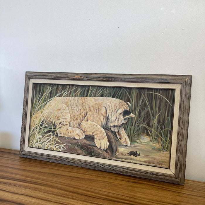 Vintage Original Framed and Signed Painting of Lion Cub by Lori Benton . Circa 1988s.