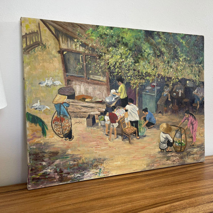 Vintage Original Signed Painting on Canvas of Village Street Scene.