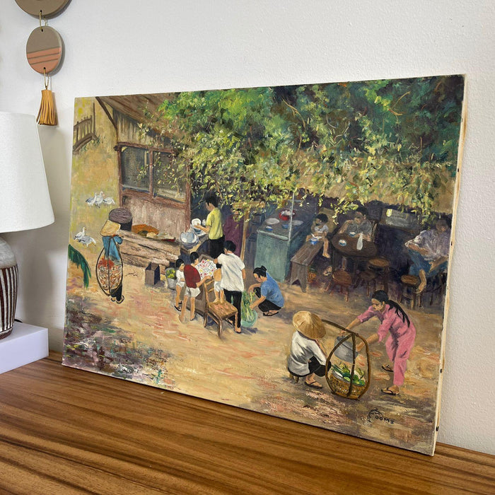 Vintage Original Signed Painting on Canvas of Village Street Scene.