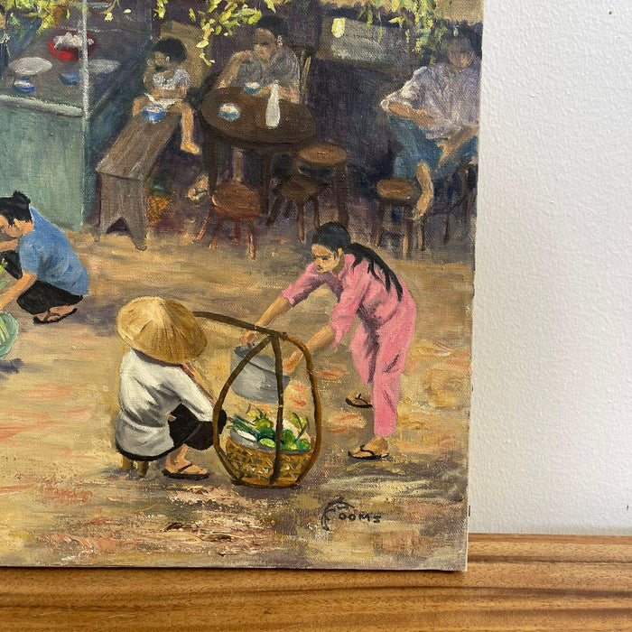 Vintage Original Signed Painting on Canvas of Village Street Scene.