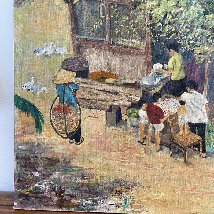 Vintage Original Signed Painting on Canvas of Village Street Scene.