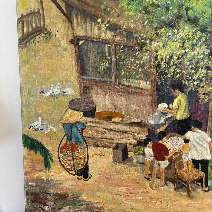 Vintage Original Signed Painting on Canvas of Village Street Scene.
