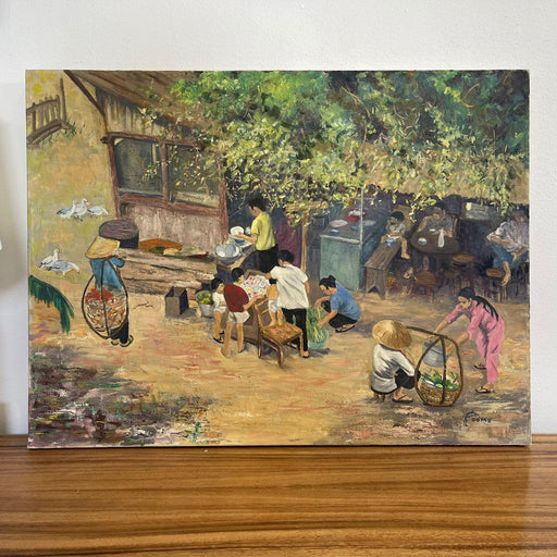 Vintage Original Signed Painting on Canvas of Village Street Scene.