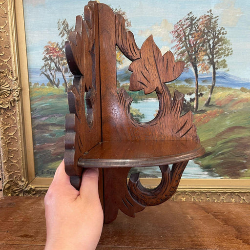 Vintage Ornate Hand Carved Wooden Corner Hanging Shelf With Leaf Motif.