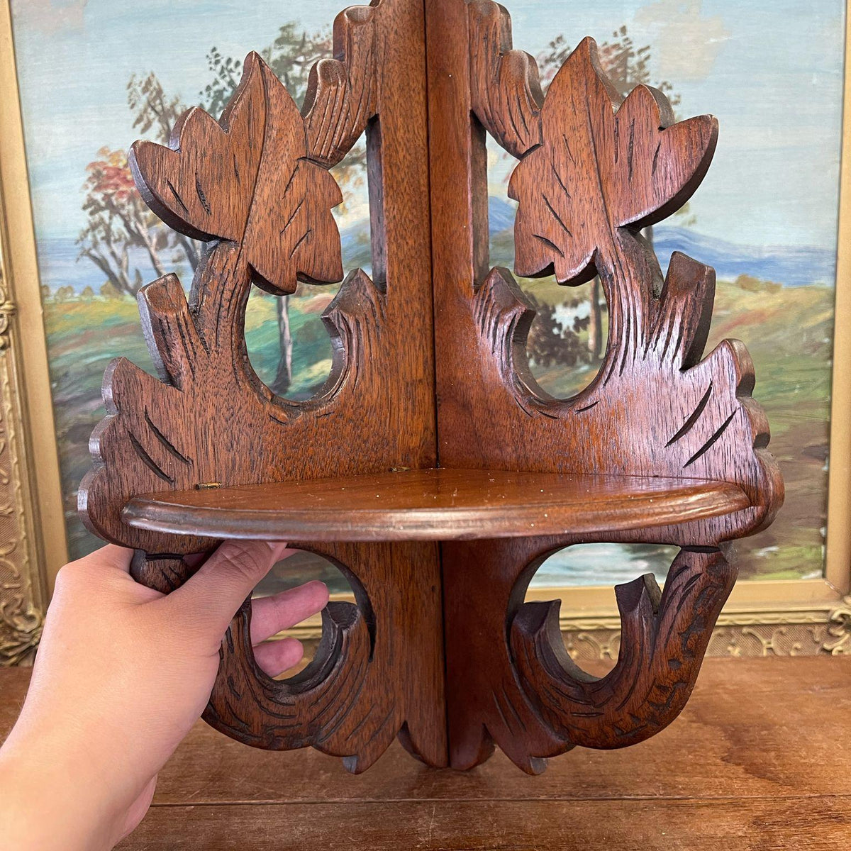 Handmade Antique Wood Corner Wall Shelf – Carved Floral Bracket, Dark Finish
