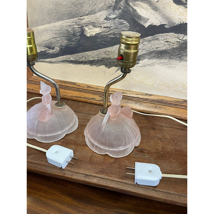 Vintage Pair of Pink Toned Southern Belle Table Lamps With Frosted Glass Base.