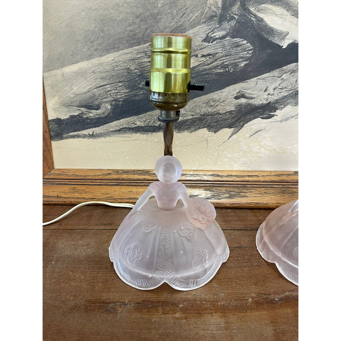 Vintage Pair of Pink Toned Southern Belle Table Lamps With Frosted Glass Base.