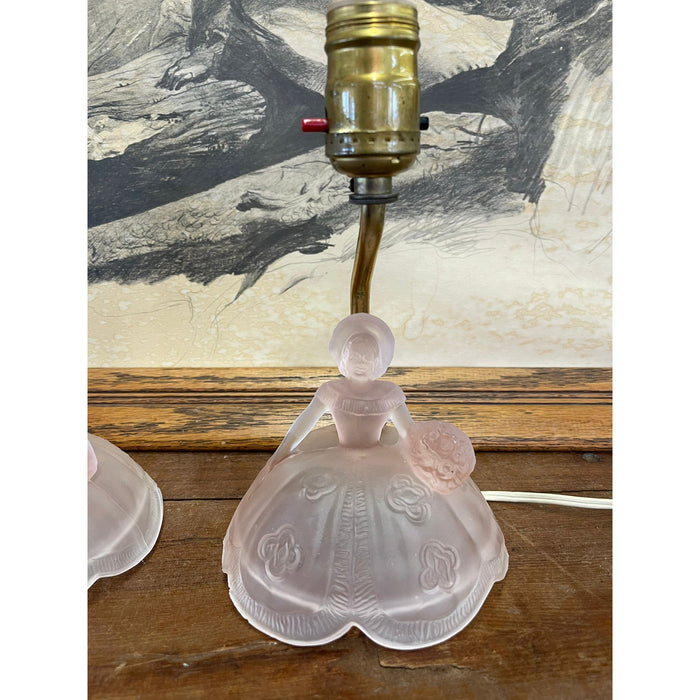 Vintage Pair of Pink Toned Southern Belle Table Lamps With Frosted Glass Base.