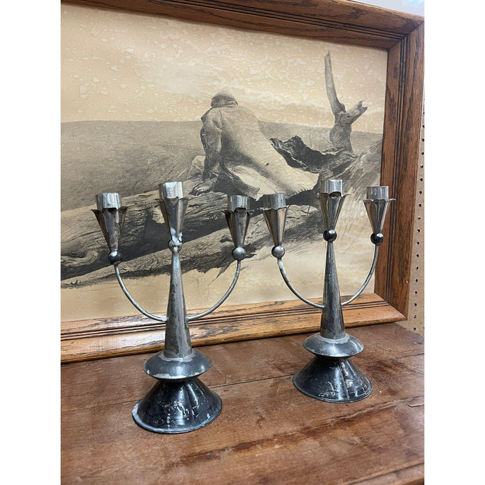 Vintage Pair of Silver Toned Primitive Style Candelabras