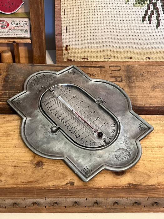 Vintage Pewter wall Thermometer with 3 different temperature Scales