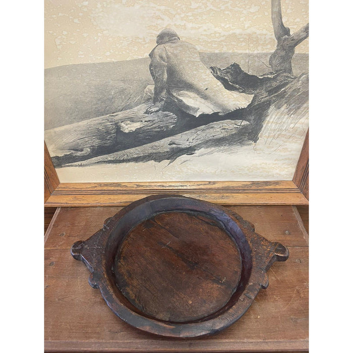 Vintage Primitive Style Wooden Tray With Hand Carved Handles