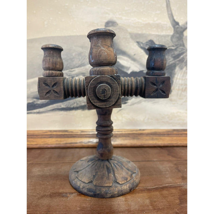 Vintage Primitive Wood Carved Candelabra Circa 1970s