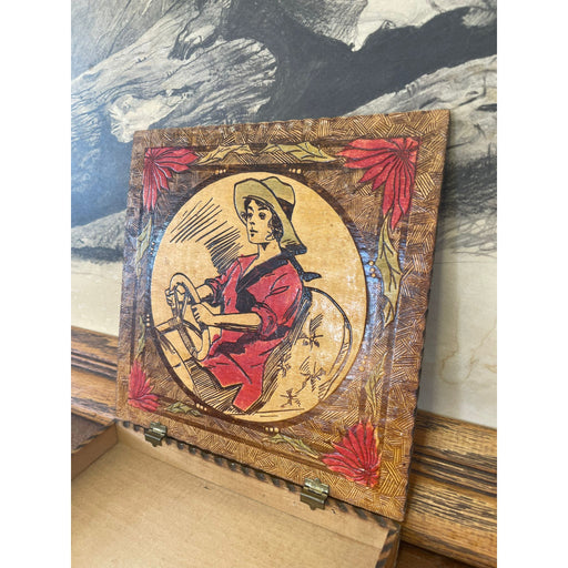 Vintage Pyrography Box Featuring Motif of Woman Driving a Car
