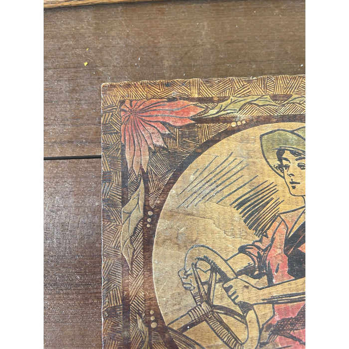 Vintage Pyrography Box Featuring Motif of Woman Driving a Car