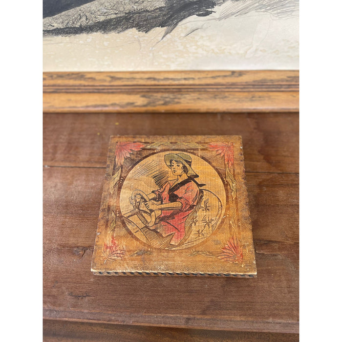 Vintage Pyrography Box Featuring Motif of Woman Driving a Car