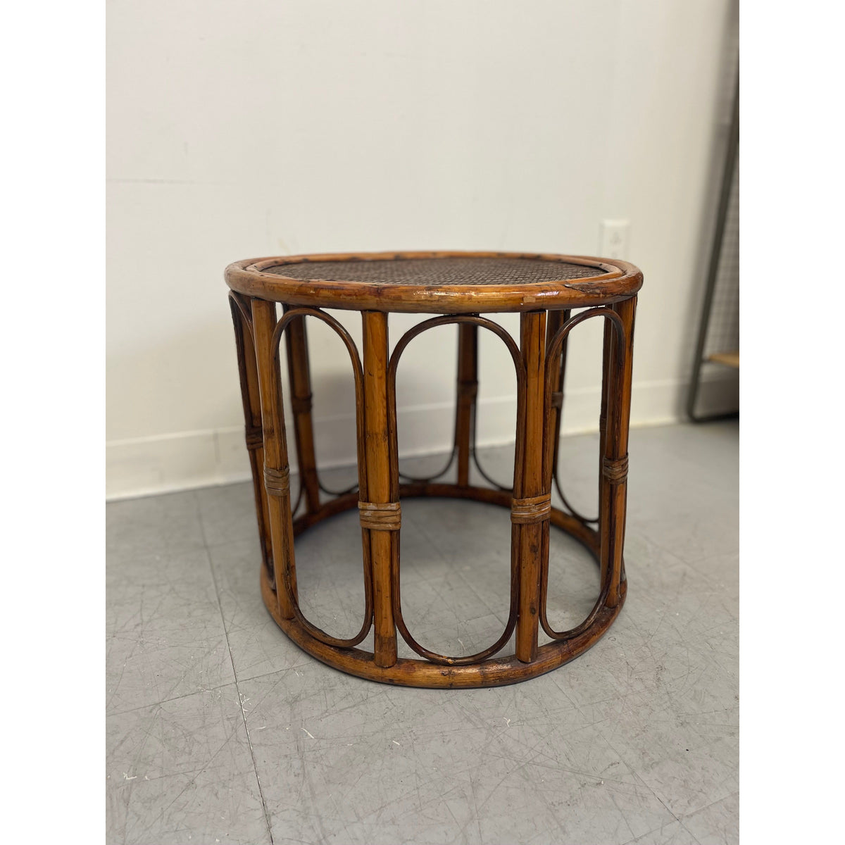 Vintage Rattan Caning Circular Side Table — Big Whale Consignment