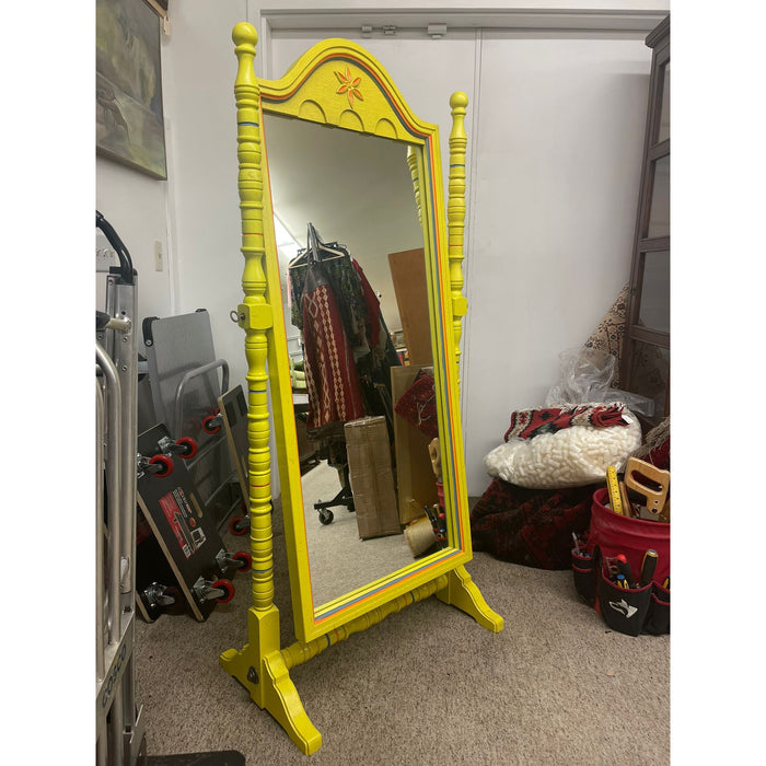 Vintage Retro Style Yellow Floor Mirror Carved Wood