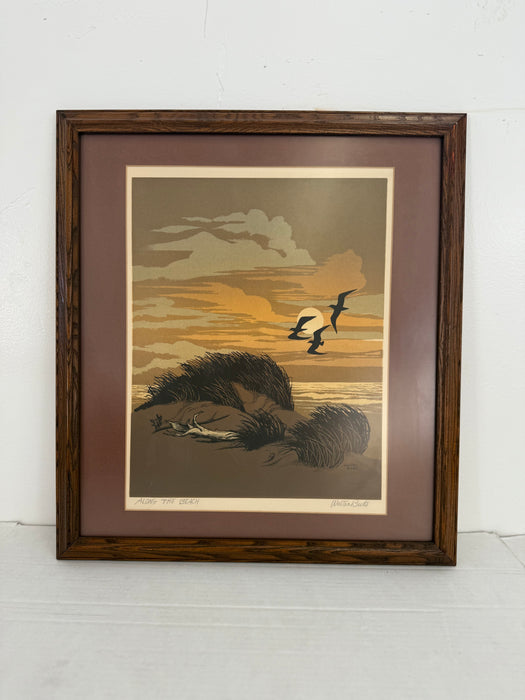 Vintage Signed Framed Matted Mid Century Style Silkscreen or Serigraph Print "Along the Beach" by Walter Blount Coastal Scene with Birds