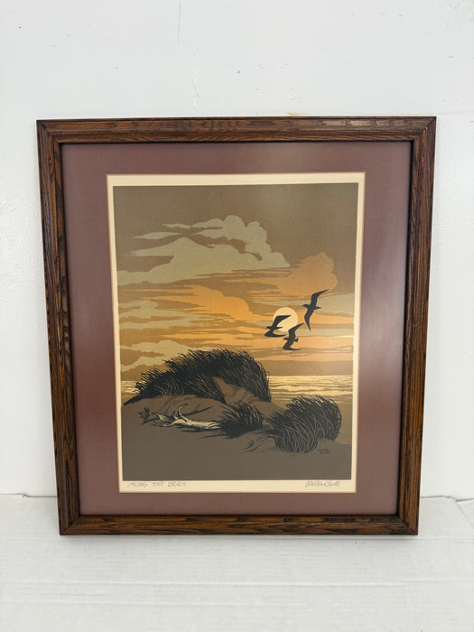 Vintage Signed Framed Matted Mid Century Style Silkscreen or Serigraph Print "Along the Beach" by Walter Blount Coastal Scene with Birds
