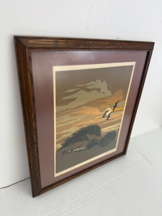 Vintage Signed Framed Matted Mid Century Style Silkscreen or Serigraph Print "Along the Beach" by Walter Blount Coastal Scene with Birds