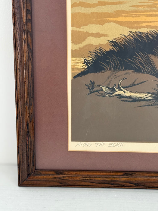 Vintage Signed Framed Matted Mid Century Style Silkscreen or Serigraph Print "Along the Beach" by Walter Blount Coastal Scene with Birds