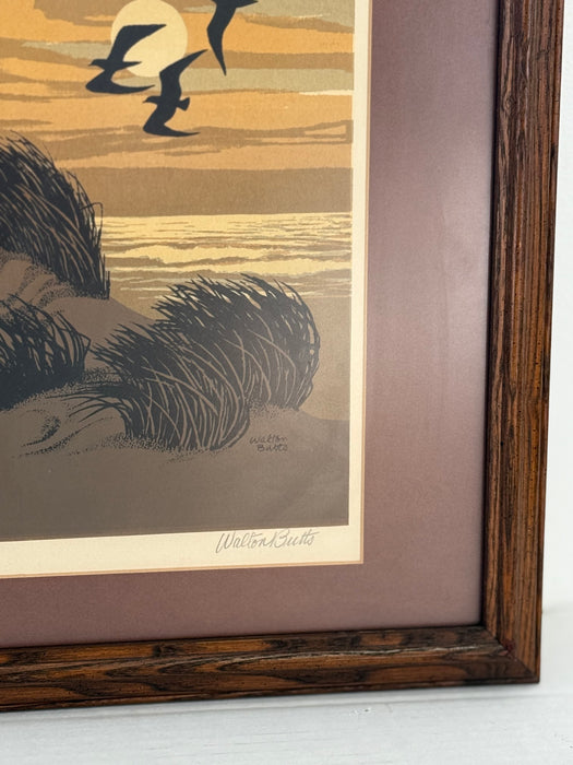 Vintage Signed Framed Matted Mid Century Style Silkscreen or Serigraph Print "Along the Beach" by Walter Blount Coastal Scene with Birds