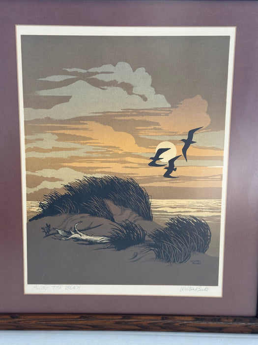 Vintage Signed Framed Matted Mid Century Style Silkscreen or Serigraph Print "Along the Beach" by Walter Blount Coastal Scene with Birds