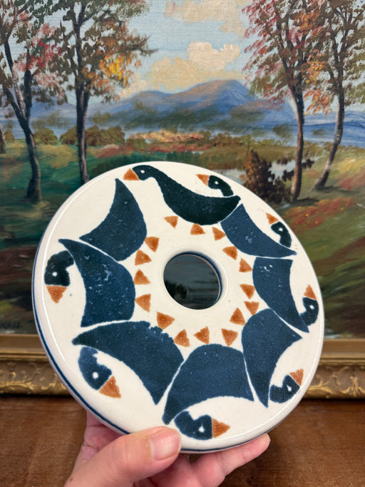 Vintage Signed Handmade Ceramic duck Art Decorative Ceramic Disc with Geometric Bird Design