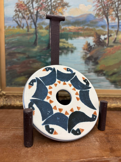 Vintage Signed Handmade Ceramic duck Art Decorative Ceramic Disc with Geometric Bird Design