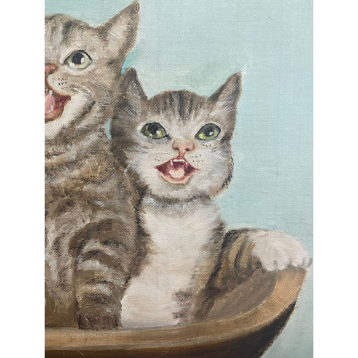 Vintage Signed Original Painting of Kittens in a Basket
