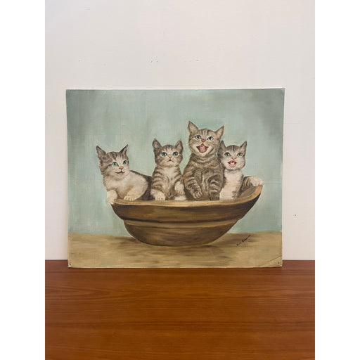 Vintage Signed Original Painting of Kittens in a Basket