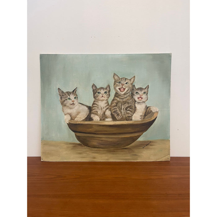 Vintage Signed Original Painting of Kittens in a Basket