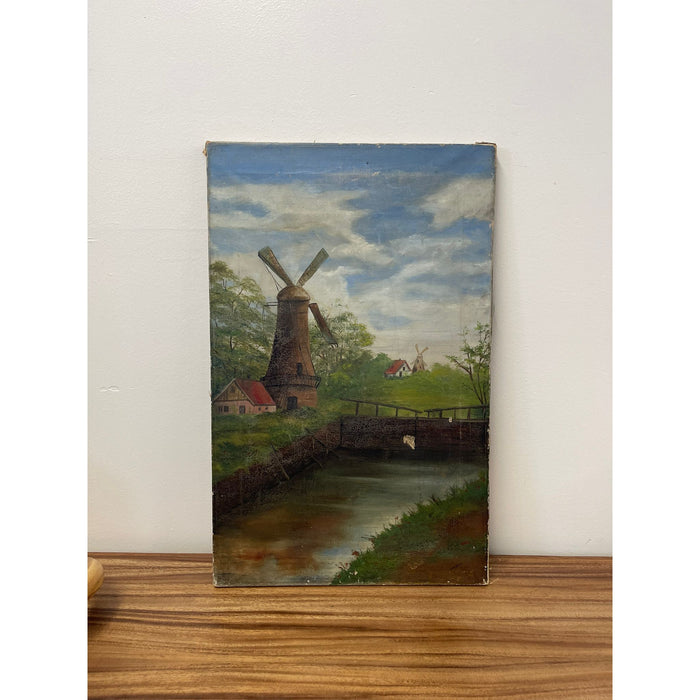 Vintage Signed Original Painting on Canvas of Windmill Landscape.