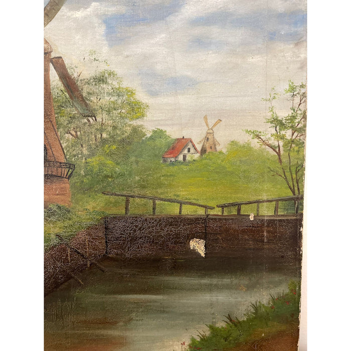 Vintage Signed Original Painting on Canvas of Windmill Landscape.
