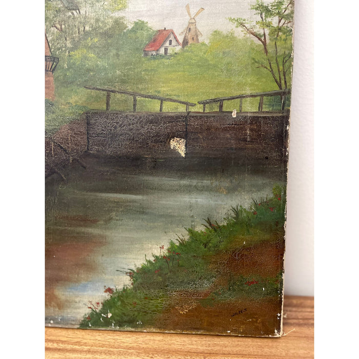 Vintage Signed Original Painting on Canvas of Windmill Landscape.