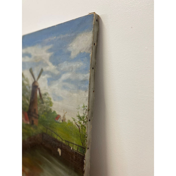 Vintage Signed Original Painting on Canvas of Windmill Landscape.