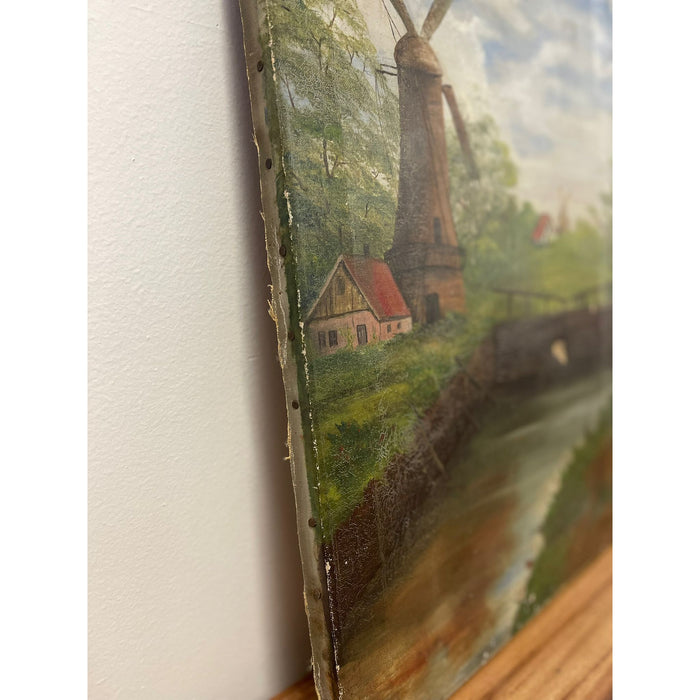 Vintage Signed Original Painting on Canvas of Windmill Landscape.