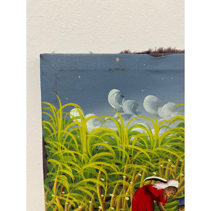 Vintage Signed Painting on Fabric Canvas of Field Workers.