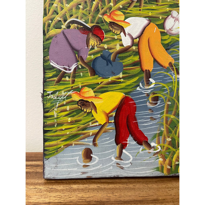 Vintage Signed Painting on Fabric Canvas of Field Workers.