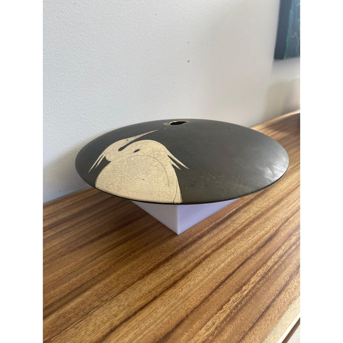 Vintage Signed Raku Ceramic Vessel by Tom and Nancy With Egret Motif Circa 1990s.