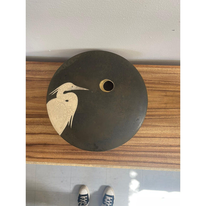 Vintage Signed Raku Ceramic Vessel by Tom and Nancy With Egret Motif Circa 1990s.