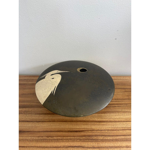 Vintage Signed Raku Ceramic Vessel by Tom and Nancy With Egret Motif Circa 1990s.