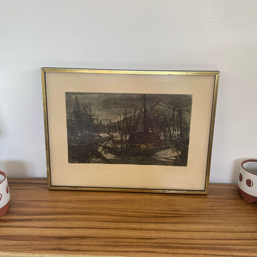Vintage Signed and Framed Etching Print by Suzanne Rauacher of Abstract Sailboats.
