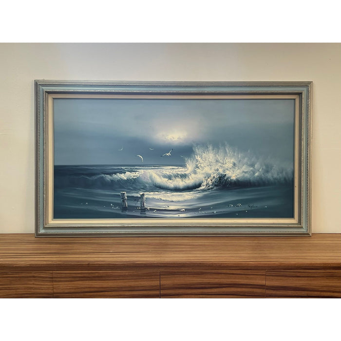 Vintage Signed and Framed Original Painting of Seascape With Waves on Canvas