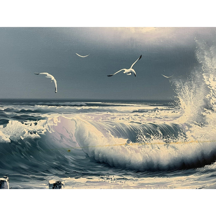 Vintage Signed and Framed Original Painting of Seascape With Waves on Canvas