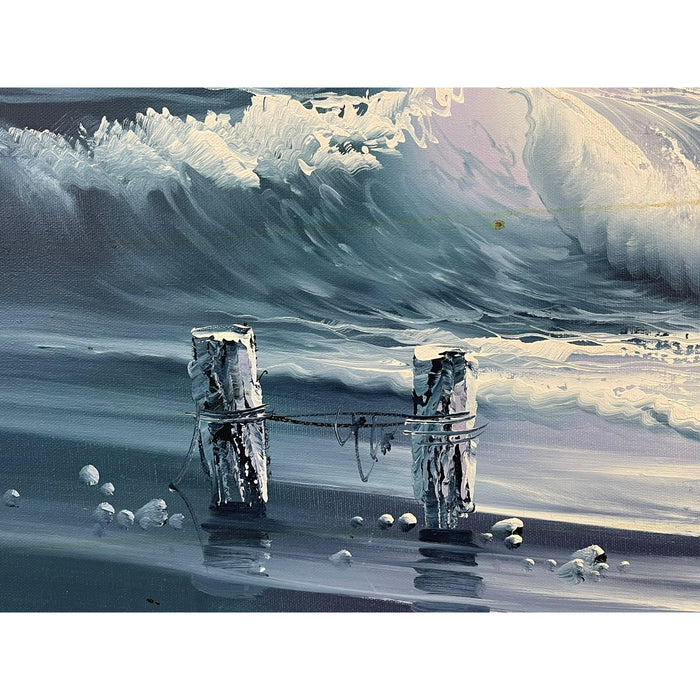 Vintage Signed and Framed Original Painting of Seascape With Waves on Canvas