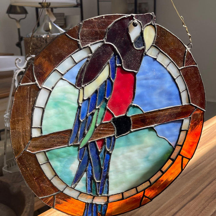 Vintage Stained Glass Parrot Artwork.
