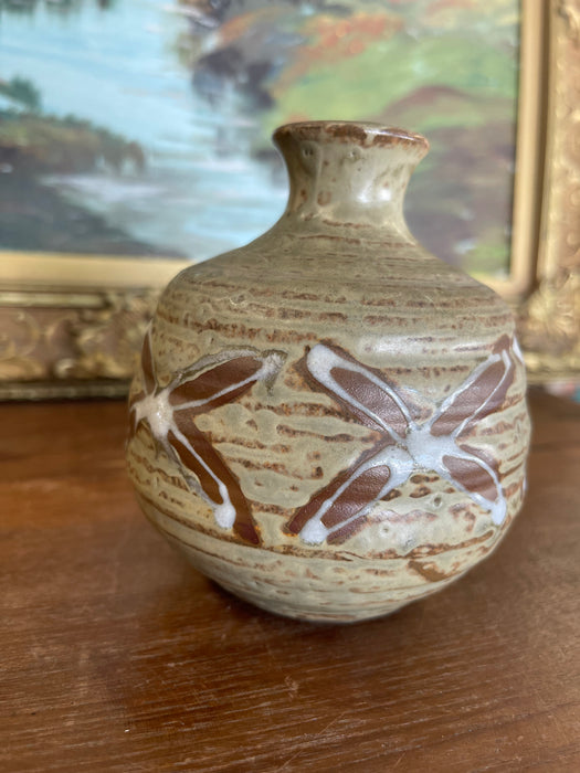 Vintage Studio Pottery Bud Vase with Incised and Glazed Abstract Motif