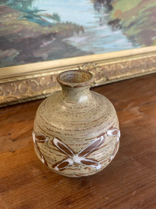Vintage Studio Pottery Bud Vase with Incised and Glazed Abstract Motif