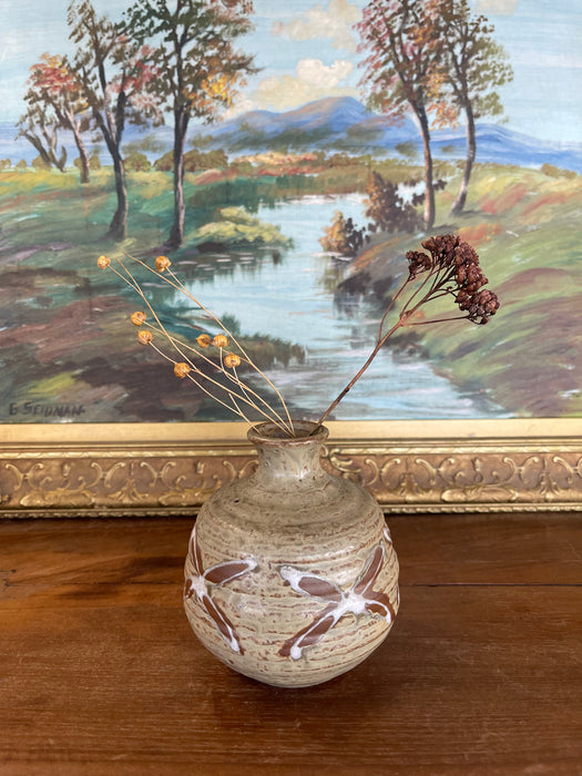 Vintage Studio Pottery Bud Vase with Incised and Glazed Abstract Motif